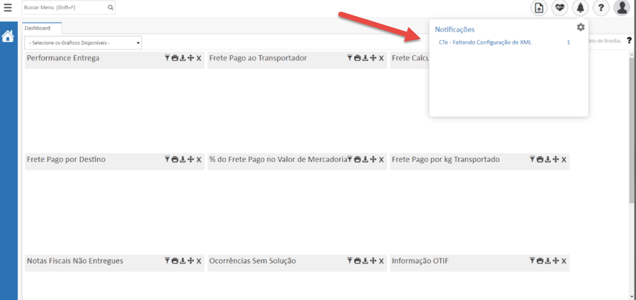 Texto alternativo gerado por máquina:
(Shift.F) 
- os Gráficos 
Performance Entrega 
Frete Pago por Destino 
Notas Fiscais Não Entregues 
Y 6L+X 
Frete Pago ao Transportador 
% do Frete Pago no Valor de Mercadoriaf X 
Ocorrências Sem Solução 
Notificações 
CTe - de 
Frete Cala 
Frete Pago por kg Transportado 
Informação OTIF 