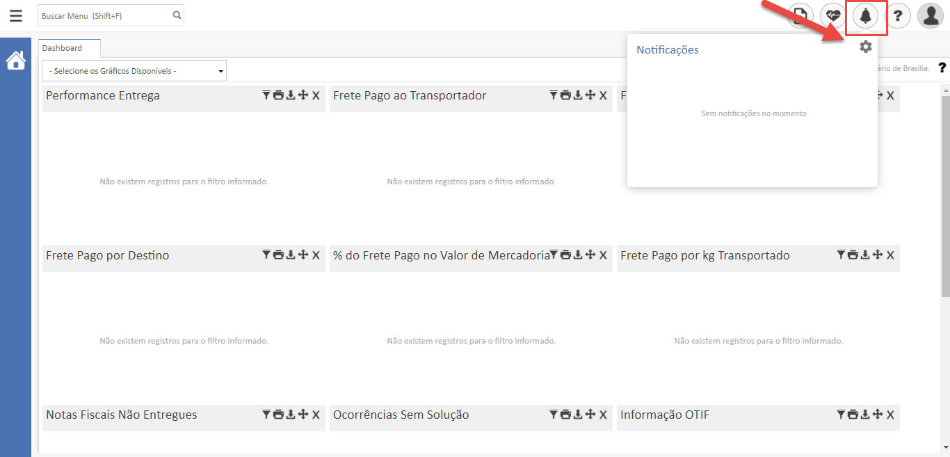 Texto alternativo gerado por máquina:
Buscar Menu (Shift+F) 
Dashboard 
- Selecione os Gráficos Disponíveis 
Performance Entrega 
Y 6L+x 
Frete Pago ao Transportador 
Y6L+x 
rio de 
Y6L+x 
Notificações 
Sem notificações no momento 
Frete Pago por kg Transportado 
Não existem registros para o filtro informado. 
Não existem registros para o filtro informado. 
% do Frete Pago no Valor de MercadoriaY X 
Não existem registros para o filtro informado. 
Frete Pago por Destino 
Y6L+x 
Não existem registros para o filtro informado. 
Não existem registros para o filtro informado. 
Notas Fiscais Não Entregues 
Y6L+x 
Ocorrências Sem Solução 
Y6L+x 
Informação OTIF 
Y6L+x 
