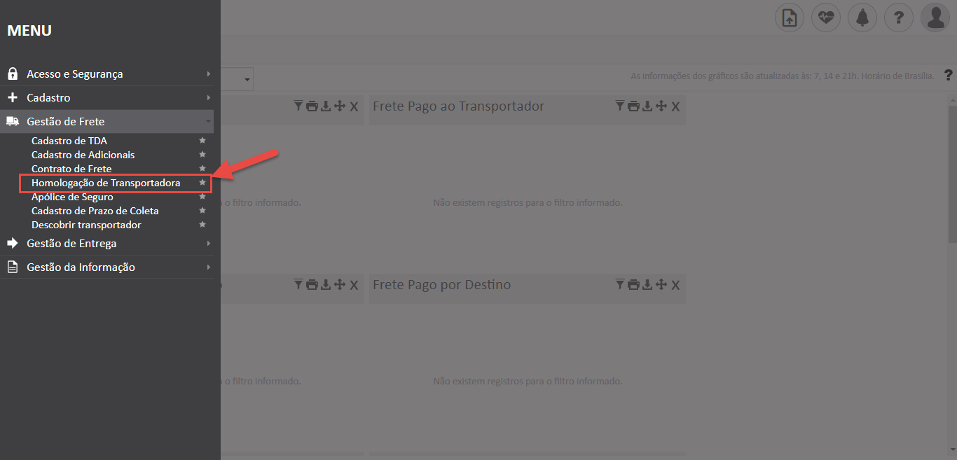 Texto alternativo gerado por máquina:
MENU
Acesso e Segurança
+ Cadastro
Y 6,L+x
Gestão de Frete
Cadastro de TDA
Cadastro de Adicionais
Contrato de Frete
Homologação de Transportadora
po Ice e eguro
Cadastro de Prazo de Coleta
Descobrir transportador
Gestão de Entrega
Gestão da Informação
Y 6,L+x
Frete Pago ao Transportador
Frete Pago por Destino