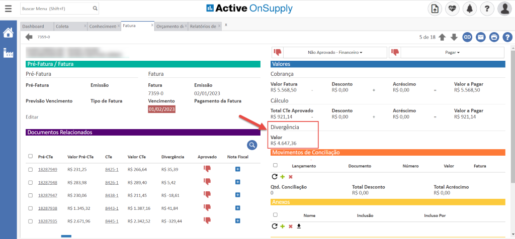 Buscar Menu (Shift4F)
Active OnSupply
Dashboard
7359-0
Coleta
X
Conheciment x
Emissão
Tipo de Fatura
Fatura
Valor CTe
Orçamento di X
Fatura
Fatura
7359-0
Vencimento
01/02/2023
Divergência
Relatórios de x
Emissão
02/01/2023
Pagamento da Fatura
Não Aprovado - Financeiro
Pré-Fatura / Fatura
Pré-Fatura
Pré-Fatura
Previsão Vencimento
Editar
Valores
Cobrança
Valor Fatura
RS 5.568,50
Cálculo
Total CTe Aprovado
RS 921,14
Divergência
Valor
RS 4.647,36
Desconto
R$ 0,00
Desconto
R$ 0,00
Acréscimo
R$ 0,00
Acréscimo
R$ 0,00
Número
5 de 18 • O O
Pagar
Valor a Pagar
R$ 5.568,50
Valor a Pagar
R$ 921,14
Documentos Relacionados
Pré-CTe
18287949
18287948
18287947
18287938
18287935
Valor Pré-CTe
RS 231,25
RS 283,98
RS 230,06
RS 1.345,32
RS 2.671,96
CTe
8425-1
8426-1
8438-1
8443-1
8445-1
Aprovado
Nota Fiscal
Movimentos de Conciliação
Lançamento
Qtd. Conciliação
Anexos
Nome
Documento
Total Desconto
R$ 0,00
Inclusão
Valor
Total Acréscimo
R$ 0,00
Incluso Por
Fatura
R$ 266,64
R$ 289,40
R$ 211,45
R$ 1.387,16
R$ 2.342,52
RS 35,39
RS 5,42
RS -18,61
RS 41,84
RS -329,44