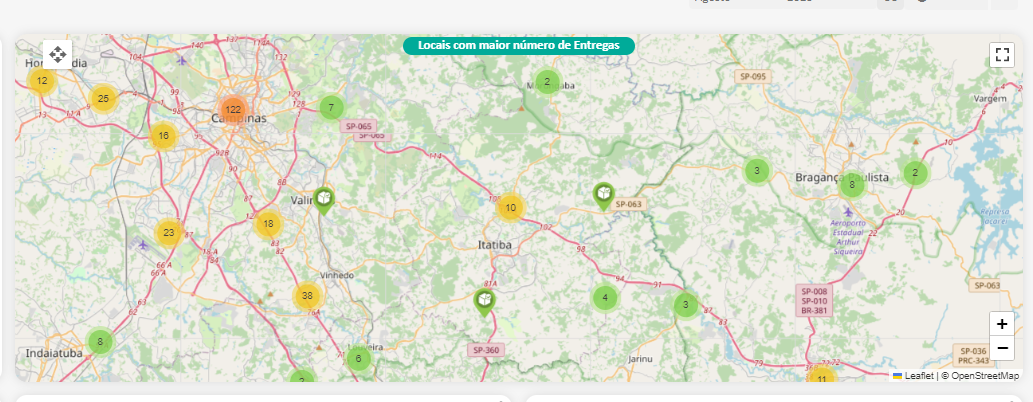 Locais com maior número de Entregas 
Braganç 
Itatiba 
listai 
Indaiatuba 