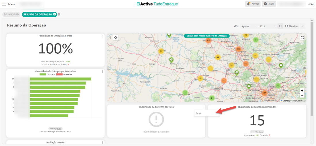 Menu 
DASHBOARD 
Resumo da Operação 
Percentual de Entregas no prazo 
100% 
Total de 2544 
Total de Entregas 9 
Quantidade de Entregas por Motorista 
Total de Entregas realizadas- 
_ 2553 
Avaliação do mês 
a Active 
TudoEntregue 
Quantidade de Entregas por Rota 
Não há dados para exibir 
Alertas 
Ajuda 
& Sair 
Mês: 
Agosto 
2023 
Locais com maior número de Entregas 
Atualizar 
ruzes 
MS" "rnard 
Quantidade de Motoristas utilizados 
lista 
acedido:O 