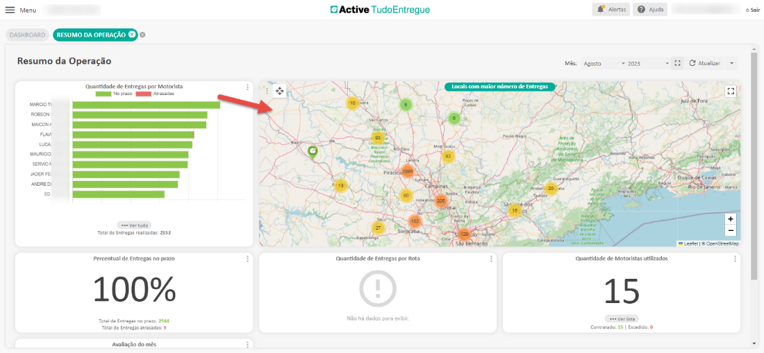 Menu 
DASHBOARD 
Resumo da Operação 
Quantidade de Entregas por Motorista 
MACON 
MAURICIO 
SERVIO n 
ANDRE Dl 
Total de Entregas realizadas: 2553 
Percentual de Entregas no prazo 
100% 
Total de 2544 
Total 9 
Avaliação do mês 
a Active 
TudoEntregue 
Pirae ca 
9, 
Quantidade de Entregas por Rota 
Não há dados para exibir 
Alertas 
Agosto 
Ajuda 
2023 
& Sair 
Locais com maior número de Entregas 
Mês: 
de 
Atualizar 
Jui 
Petrópolis 
Janeiro 
Quantidade de Motoristas utilizados 
lista 
- IS I acedido:O 