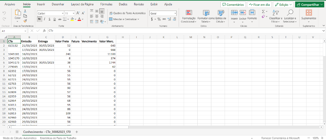 Arquivo 
Início 
Inserir 
Calibri 
Layout da Página 
Fórmulas 
Dados Revisão 
Exibir 
Geral 
Ajuda 
Comentários 
Ficar em dia 
Edição v 
Colar 
Área de Transferência 
1 
2 
3 
4 
5 
6 
7 
8 
9 
10 
11 
12 
13 
14 
15 
16 
17 
18 
19 
20 
Emissão 
21/03/2023 
17/03/2023 
16/03/2023 
16/03/2023 
16/03/2023 
17/03/2023 
17/03/2023 
24/03/2023 
24/03/2023 
27/03/2023 
27/03/2023 
28/03/2023 
29/03/2023 
29/03/2023 
30/03/2023 
24/03/2023 
28/03/2023 
29/03/2023 
29/03/2023 
ab Quebra de Texto Automática 
Mesclar e Centralizar v 
Alinhamento 
Valor Merc. 
643 
988 
11100 
374 
1744 
62 
Formatação 
Condicional 
Desfêzer 
AI 
Desenhar 
v 11 
Fonte 
CTe 
% 000 
Número 
Formatar como Estilos de 
Tabela 
Estilas 
Inserir Excluir Formato 
Células 
Classificare Localizar e 
Filtrar v 
Selecionarv 
Editando 
s 
Ê Compartilhar v 
Suplementos 
Suplementos 
Célula 
o 
c 
Entrega Valor Frete 
CTe 
615132 
1045181 
1045170 
1045173 
279045 
62392 
62722 
62723 
62763 
62773 
62809 
62959 
62964 
63013 
62721 
62813 
62960 
62960 
Fatura 
Vencimento 
30/05/2023 
30/05/2023 
30/05/2023 
52 
240 
8 
38 
1 
56 
55 
55 
56 
90 
57 
56 
68 
55 
86 
109 
56 
56 
Conhecimento - CTe 30082023 170 + 
Modo de Cálculo: Automático Estatísticas de Pasta de Trabalho 
Fornecer Comentários à Microsoft 
100% + 