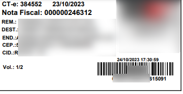 CT-e: 384552 23110/2023 
Nota Fiscal: 000000246312 
DEST.: 
END.:' 
CEP.:! 
vol.: 1/2 
24/1W202317:nS9 
15091 