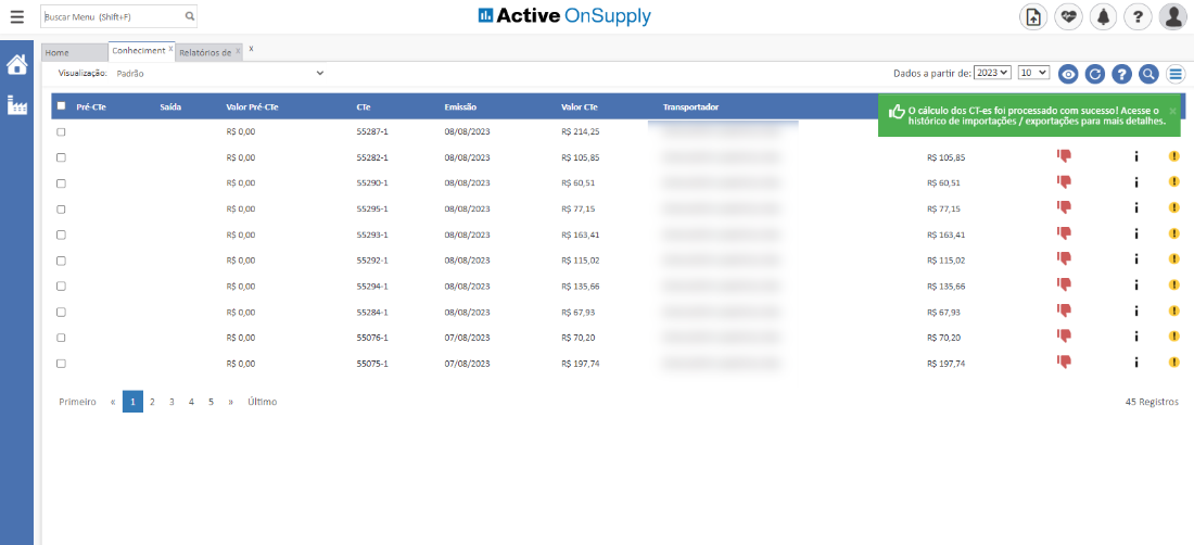 buscar Menu (Shift+F)
db Active OnSupply
Home
ConhecimentX Relatörios de X
Visualiza$o: Padräo
Primeiro
4
% Ior Pré-CTe
RS O,OO
RS O,OO
RS O,OO
RS O,OO
RS O,OO
RS O,OO
RS O,OO
RS O,OO
RS O,OO
RS O,OO
Ultimo
Trarsport&
55287-1
55282-1
55290-1
55295-1
55293-1
55292-1
55294-1
55284-1
55076-1
55075-1
08/08/2023
08/08/2023
08/08/2023
08/08/2023
08/08/2023
08/08/2023
08/08/2023
08/08/2023
07/08/2023
07/08/2023
RS 214,25
RS 105,85
RS 60,51
RS 77,15
RS 163,41
RS 115,02
RS 135,66
RS 67,93
RS 70,20
RS 197,74
O cälculo dos CT-es foi processado com sucesso! Acesse o
histörico de importaqöes / exportaqöes para mais detalhes.
RS 105,85
RS 60,51
RS 77,15
RS 163,41
RS 115,02
RS 135,66
RS 67,93
RS 70,20
RS 197,74
45 Registros