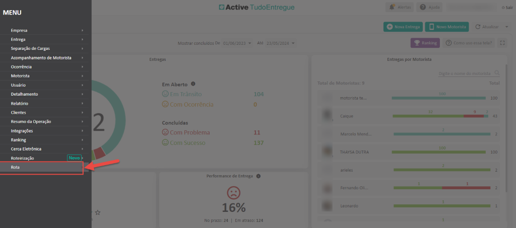 CÃ Active TudoEntregue
MENU
Empresa
Entrega
Separação de Cargas
Acompanhamento de Motorista
Mostrar concluídos De
Entregas
Em Aberto O
Concluídas
.Com Problema
01/06/2023
Até
3/05/2024
Ocorrência
Motorista
Usuário
Detalhamento
Relatório
Clientes
Resumo da Operação
Integrações
Ranking
Cerca Eletrônica
Roteirização
Entregas por Motorista
motorista te..
Caique
Marcelo Mend..
THAYSA DUTRA
arieles
Fernando ali..
Leonardo
Sair
Novo Motorista
C Atualize
Como u essa telê
100
100
Novo
Performance de Entrega O
16%
No prazo: 24 Em atraso: 124