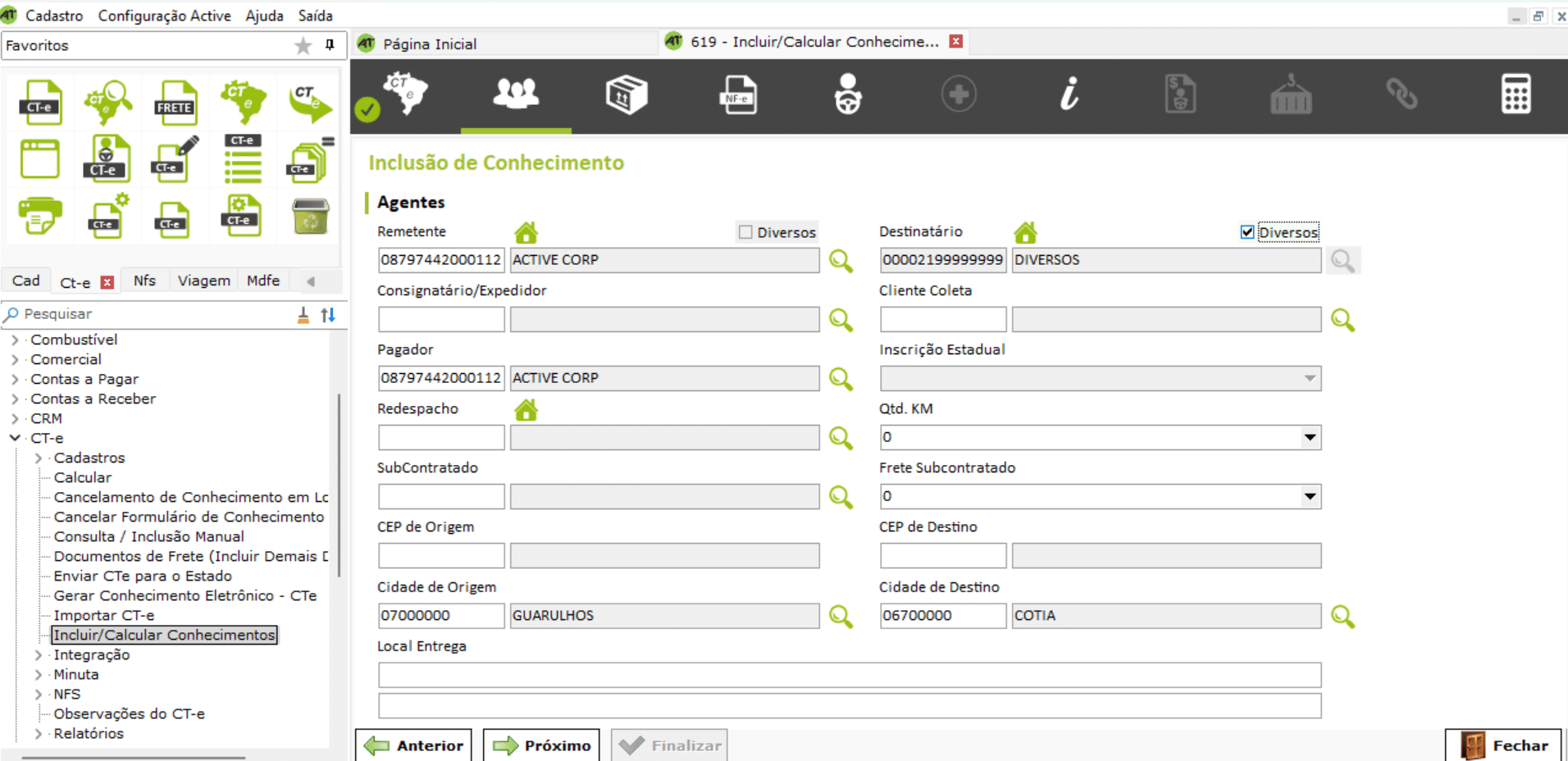 Tela de emissão do Ct-e globalizado do sistema Active Trans